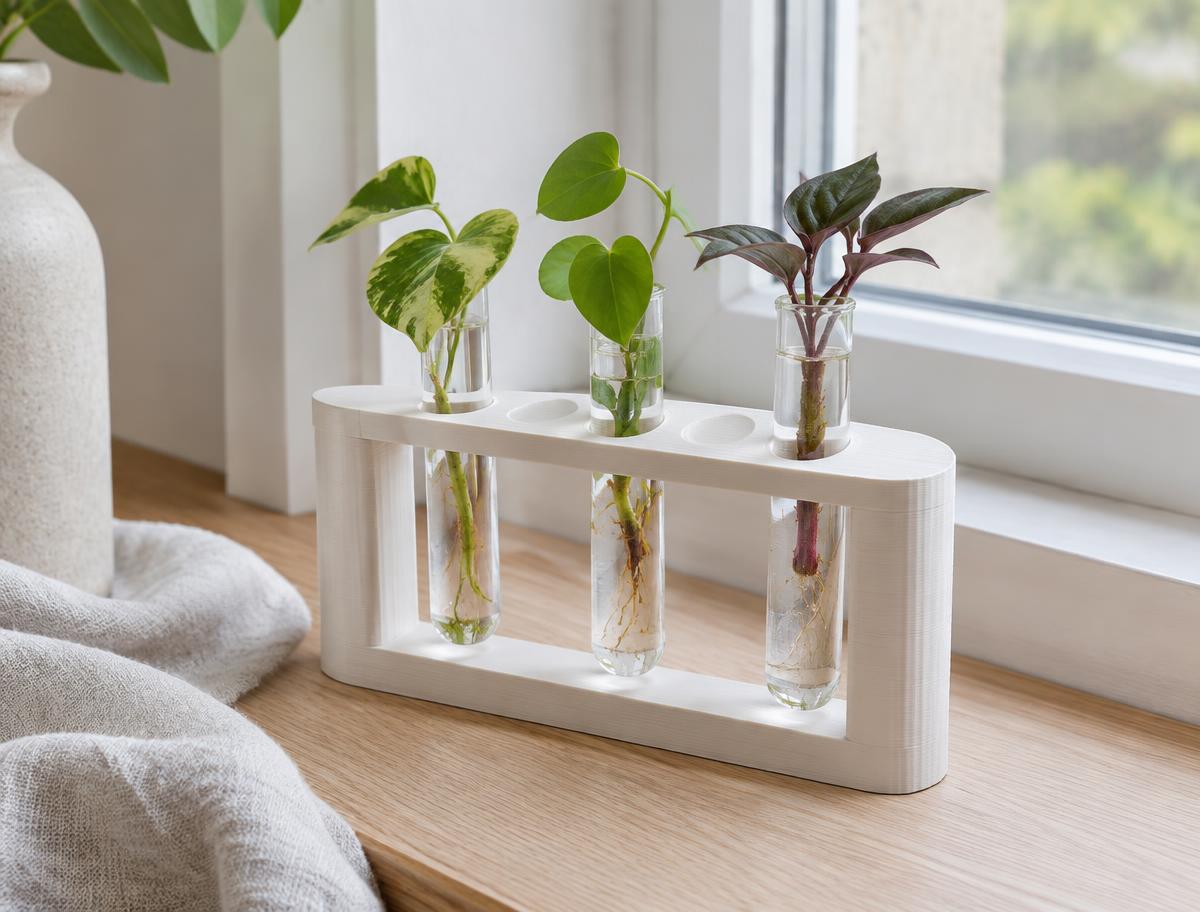 Formeringsstativ i Off-white, 3D-printet med synlig lagstruktur, fotograferet i dagslys